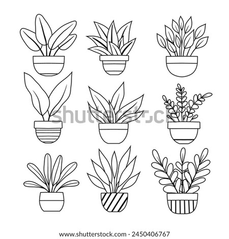 Vector set of outline various plants in vases clip arts. Collection of monochrome contour flowers in pots for home decoration. Line art natural design elements for stickers, icons, hobby articles