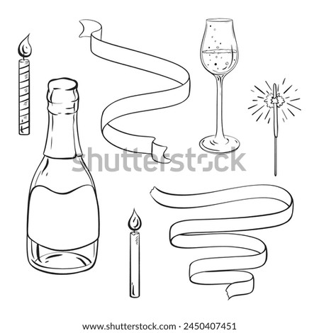 a bottle of champagne , a glass of wine , a candle , a ribbon , and a sparkler