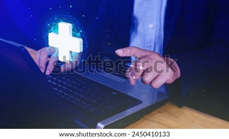 holding plus icon for health care medical, icon virtual medical health care with medical network connection, People health care awareness rising growth of medical health and life insurance business.