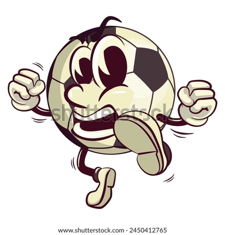 football soccer ball cartoon vector isolated clip art illustration mascot enthusiastically jumping and kicking, vector work of hand drawn