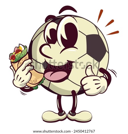 football soccer ball cartoon vector isolated clip art illustration mascot carrying a burritos while giving a thumbs up, vector work of hand drawn