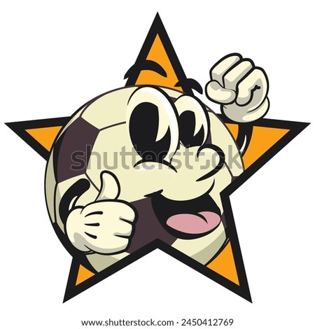 football soccer ball cartoon vector isolated clip art illustration mascot out from of a star with thumbs up, vector work of hand drawn