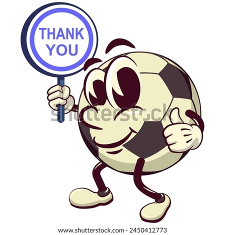 football soccer ball cartoon vector isolated clip art illustration mascot carrying a sign saying thank you, vector work of hand drawn