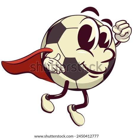 football soccer ball cartoon vector isolated clip art illustration mascot being superhero with a cape, vector work of hand drawn
