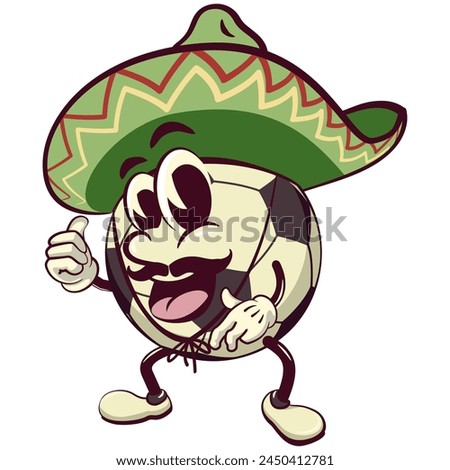 football soccer ball cartoon vector isolated clip art illustration mascot wearing sombrero with thumb up, vector work of hand drawn