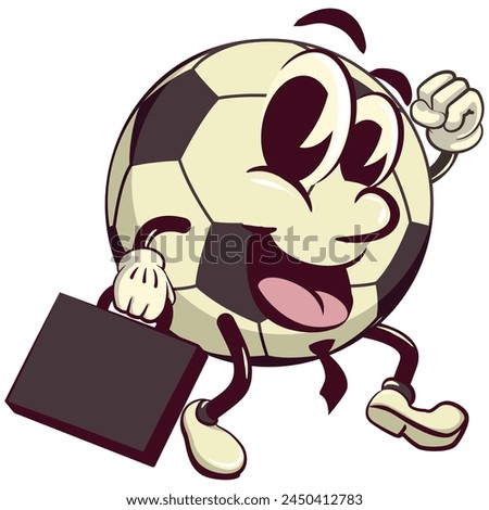 football soccer ball cartoon vector isolated clip art illustration mascot wearing a tie and carrying a suitcase rushing to the office, vector work of hand drawn
