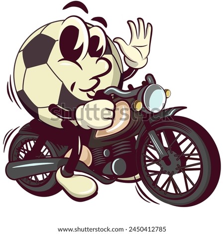 football soccer ball cartoon vector isolated clip art illustration mascot riding a big motorcycle, vector work of hand drawn