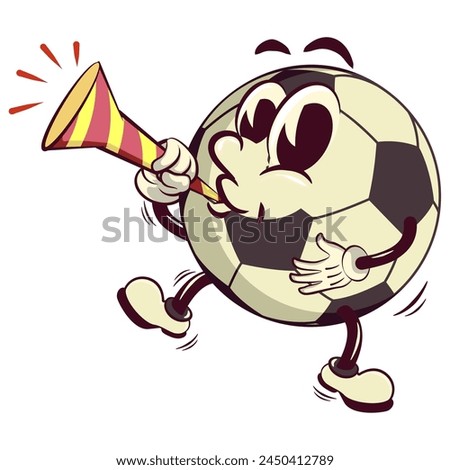 football soccer ball cartoon vector isolated clip art illustration mascot blowing party trumpet, vector work of hand drawn