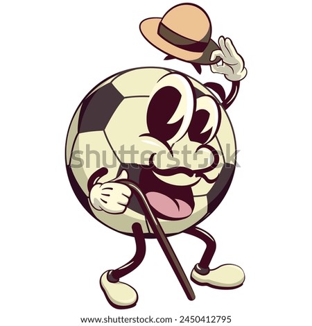 football soccer ball cartoon vector isolated clip art illustration mascot carrying a stick and saluting with raised hat, vector work of hand drawn