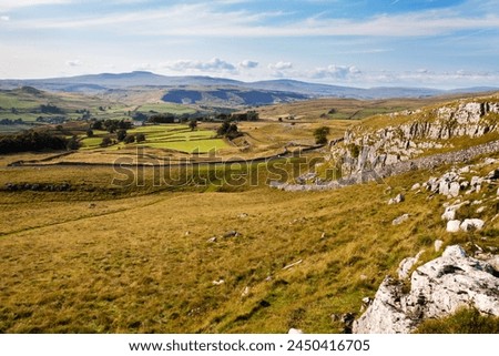 Ribblesdale and Ingleborough from above Langcliffe near Settle, Yorkshire, England, United Kingdom, Europe Royalty-Free Stock Photo #2450416705