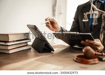 Online consulting in law leverages digital platforms for legal advice and guidance, ensuring access to justice while upholding principles of fairness, equality, accountability in legal proceedings. Royalty-Free Stock Photo #2450432973