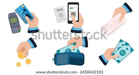 Set of various payment options isolated on white background. Hands with cash, mobile banking, credit card, check, coins. Financial operations, transactions, and payment concepts. Vector illustrations.