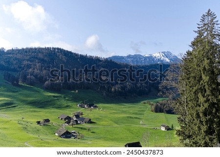 Scenic rural landscape with snow covered mountains in the background seen from Swiss Bürgenstock mountain on a sunny spring day. Photo taken April 11th, 2024, Bürgenstock, Switzerland.