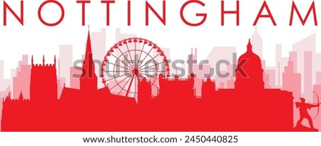 Red panoramic city skyline poster with reddish misty transparent background buildings of NOTTINGHAM, UNITED KINGDOM