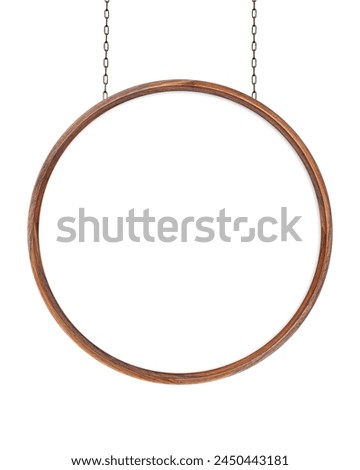 Wooden empty dirty sign hanging on iron chains. Round frame with empty surface. Signboard isolated on white background