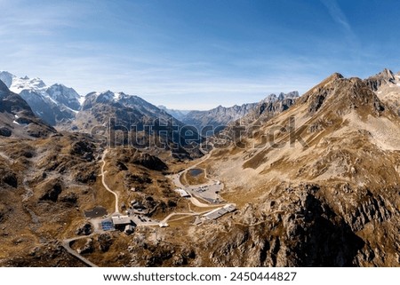 Sunsten Pass, Switzerland: Aerial panorama of the Susten pass mountain between the cantons of Bern and Uri with the Stein glacier in the alps in summer in Switzerland Royalty-Free Stock Photo #2450444827