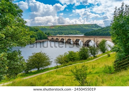 View of Ladybower Reservoir and Baslow Edge in the distance, Peak District, Derbyshire, England, United Kingdom, Europe Royalty-Free Stock Photo #2450455019