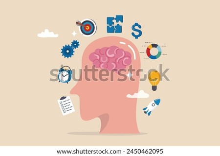 Genius or expert to develop or learning new skills, brainstorming, knowledge or wisdom, competence or intelligence to improve capability concept, human brain with success business management elements. Royalty-Free Stock Photo #2450462095
