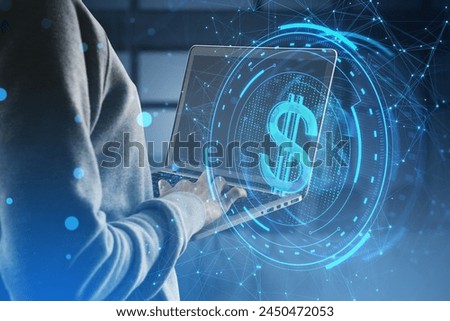 Side view of headless hacker holding laptop with creative round dollar sign on blurry blue polygonal background. Crypto, hacking, online banking, digital transformation and finance concept