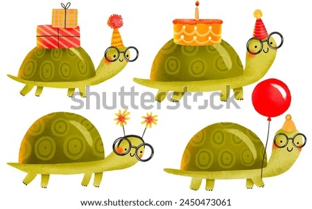 Set of cartoon turtles celebrating  birthday. Collection. Hand drawn holiday illustration on isolated background

