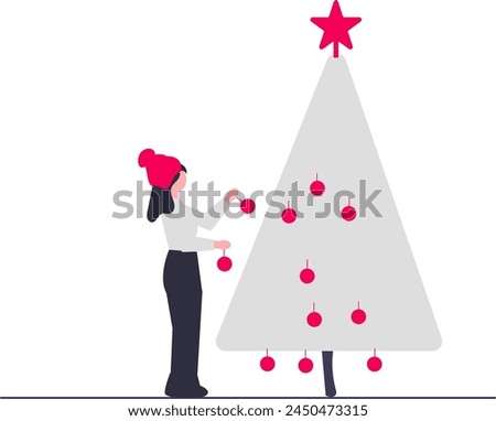 Illustration of a woman arranging the interior of a Christmas tree. Vector illustrations