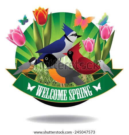 Welcome spring birds and tulips burst icon stock illustration