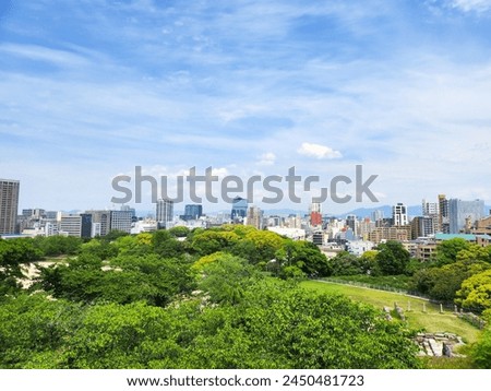 This is a picture of the city taken at Fukuoka Temple in Japan. The weather is very clear and green grass is lush.