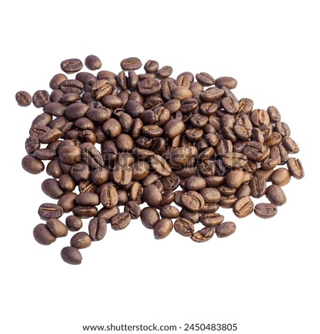 A scattering of roasted coffee beans sits alone on a white background
