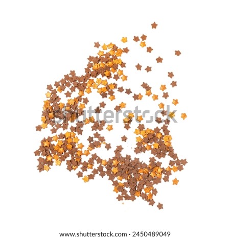 Cookie Stars Sprinkle Isolated, Sugar Star Pile, Candy Flakes, Sweet Brown Sprinkles Decoration, Candy Stars on White Background Top View, Copy Space