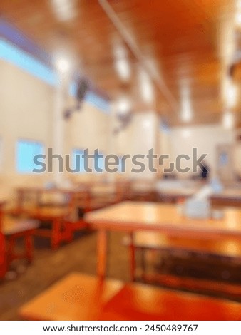 Abstract blurred image, Coffee shop or cafe restaurant, decorated with wooden chairs and tables. Warm Bokeh vintage tone effect image for background use.