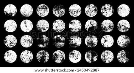 Grunge circles with stains and scratches. Circle brush stroke, round shape design element. Distressed dirty text frame, border, sticker or label. Paintbrush, ink stains. Vector illustration