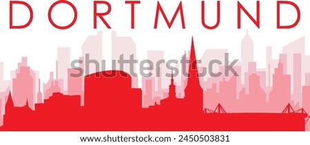 Red panoramic city skyline poster with reddish misty transparent background buildings of DORTMUND, GERMANY