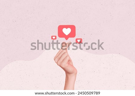 Photo collage artwork composite sketch image of young woman hand show reaction heart like banner icon korean love symbol gesture finger