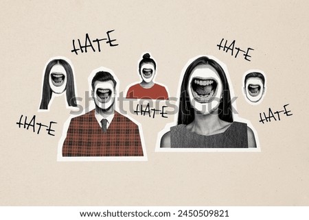 Composite photo collage of crowd people girl guy instead face mouth scream laugh hate abuse society problem isolated on painted background