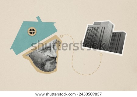 Composite photo collage of happy man dream moving village city flat buy property relocation rate urban isolated on painted background