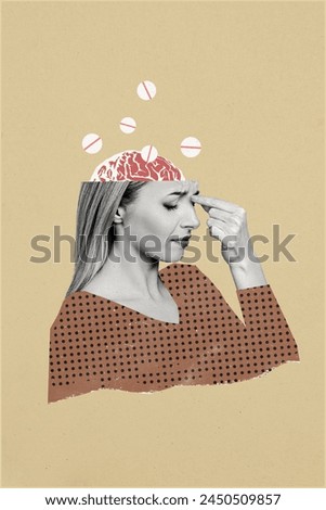 Vertical photo collage of upset girl cut head brain apathy tired pills therapy antidepressant psychoanalysis isolated on painted background