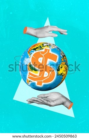 3D photo collage composite trend artwork sketch image of two hand hold between huge earth globe planet usd symbol continent money dollar