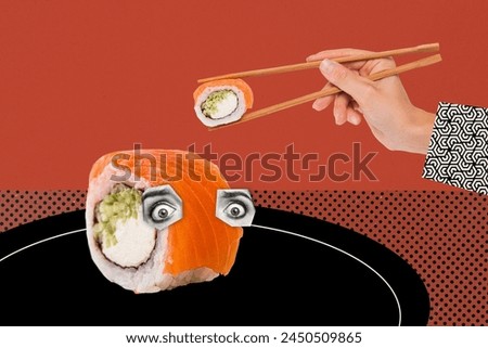 Composite photo collage of plate sushi roll eyes watch hand hold chopsticks eat restaurant asian cuisine food isolated on painted background