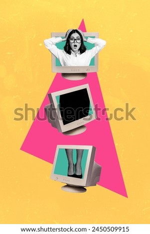 Sketch image trend 3D photo collage of shocked lady body devided into parts appear from old computer monitor hold hand on head headache