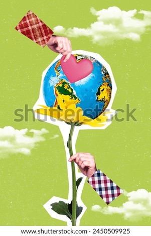 Trend artwork composite sketch 3D photo collage of two hands hold heart share love daisy gerbera flower with earth globe planet nature