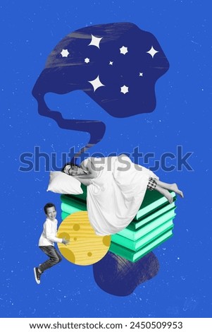 Vertical creative collage picture sleeping woman covered blanket pillow bedtime night dreaming young kid boy moon planet book pile
