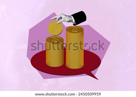 Composite artwork photo collage of black white silhouette huge hand put money on stack golden coin dollar stand on huge text sms cloud box