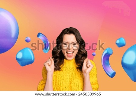Creative picture collage young happy girl screaming emotional reaction celebrate victory 3d fragments drawing background