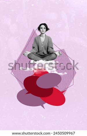 Trend artwork 3D photo collage composite sketch image of young calm lady sit on cloud lotus pose conversation text box mind speech