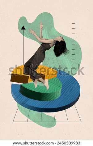 Vertical creative collage image young energetic dancing girl infographic 3d statistics achieve goal aim drawing background