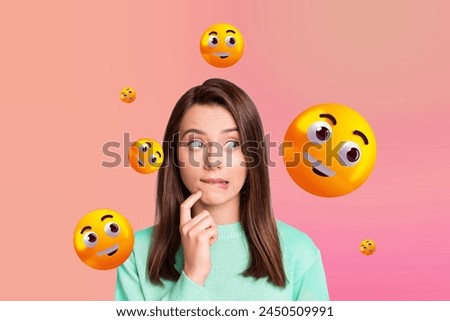 Creative picture photo collage young dreamy thoughtful girl bite lips curious interested decide think emoticon face expression