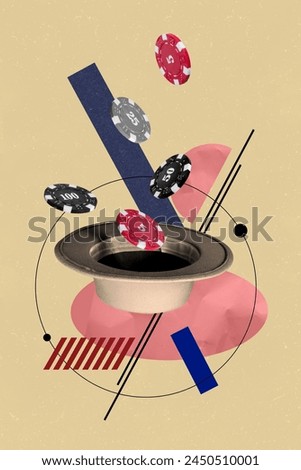 Vertical collage picture cap headwear chips casino gambling magic trick addiction fortune win prize money drawing background Royalty-Free Stock Photo #2450510001
