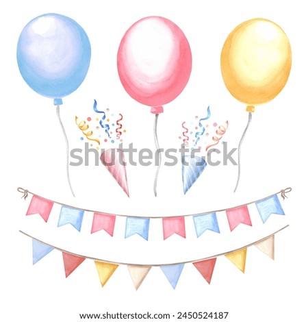 Balloons and party poppers with ribbons Festive hanging garlands with flags, pennants. Watercolor illustrations set. Template of holiday decoration. Isolated hand drawn clip art for card, invitation.