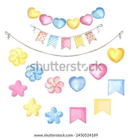 Flags and pennants Watercolor illustrations set. Cute festive hanging garlands colorful. Template of holiday decoration. Isolated hand drawn clip art for card, wrapper, birthday, print, scrapbooking.