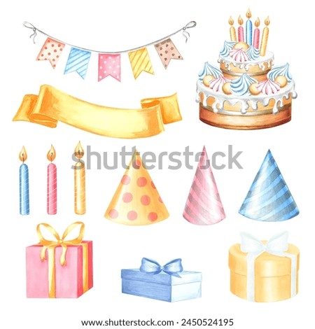 Cake Gifts and party hats, candles and ribbon banner Festive garland with flags. Watercolor illustrations set. Template of Happy Birthday decoration. Isolated hand drawn clip art for card, invitation.